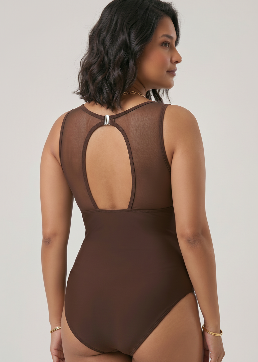 Ladder Trim V Neck One Piece - Brown-Cheekkah