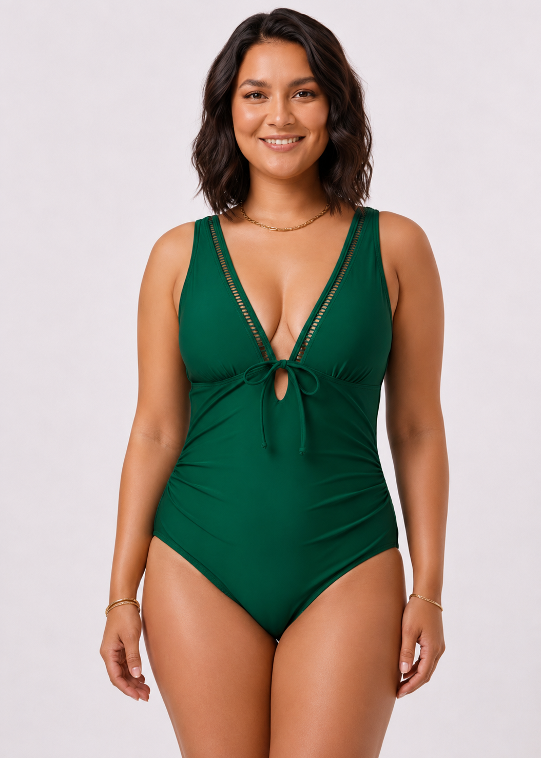 Ladder Trim V Neck One Piece with Mesh Back - Green-Cheekkah