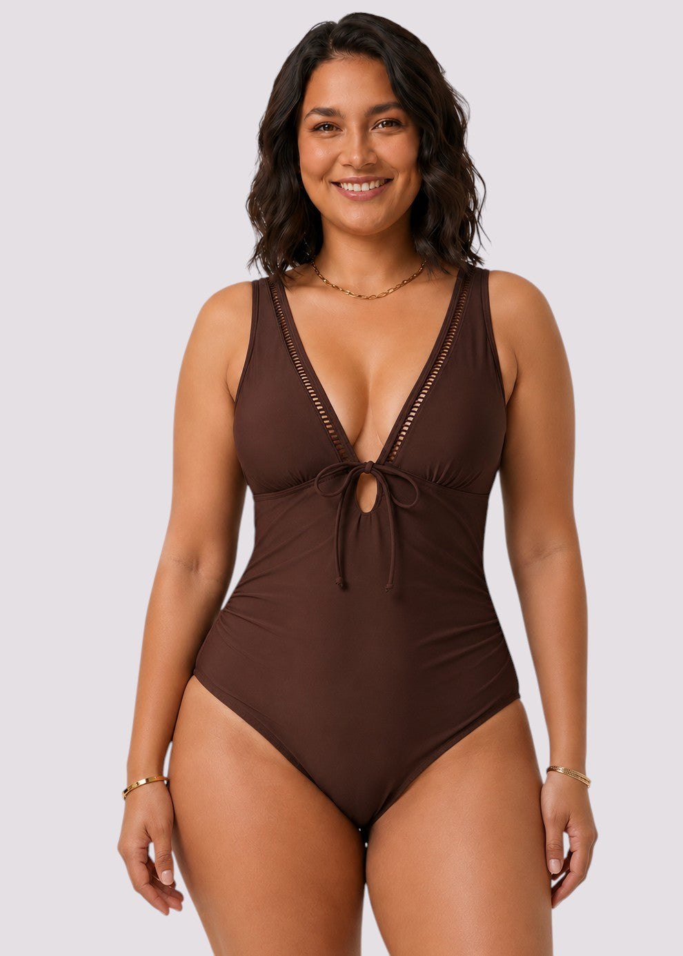 Ladder Trim V Neck One Piece - Brown-Cheekkah