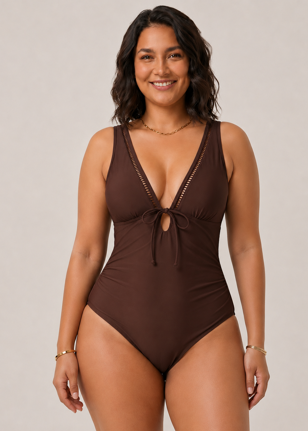 Ladder Trim V Neck One Piece - Brown-Cheekkah