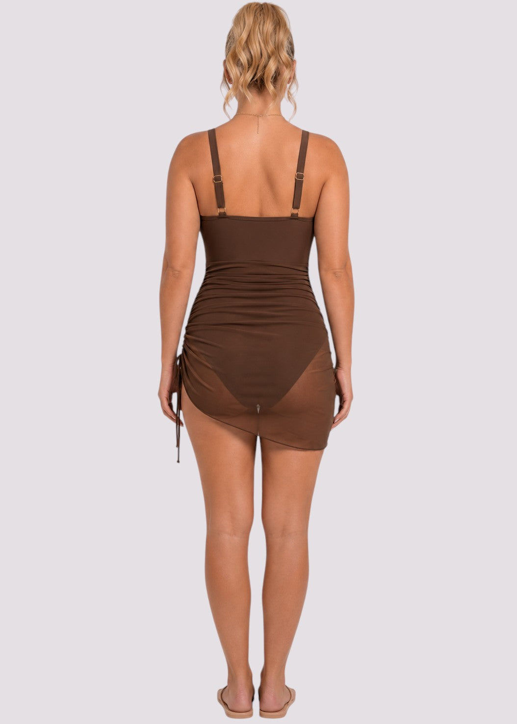 Mesh Sarong Wrap Swim Dress - Brown