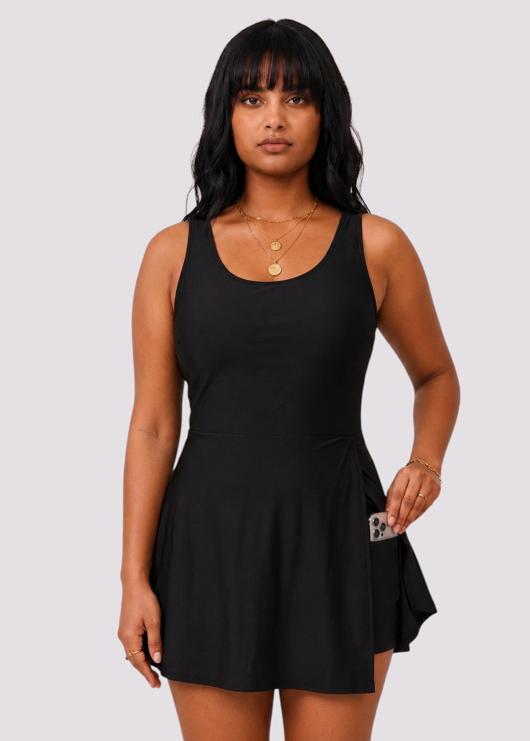 Pocket Swim Dress with Built-In Shorts - Black-Cheekkah