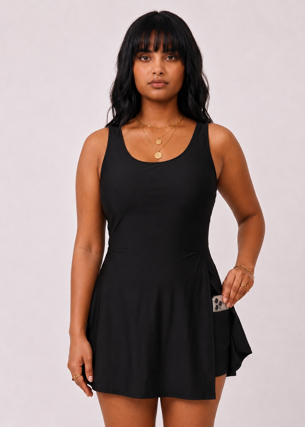 Pocket Swim Dress with Built-In Shorts - Black-Cheekkah