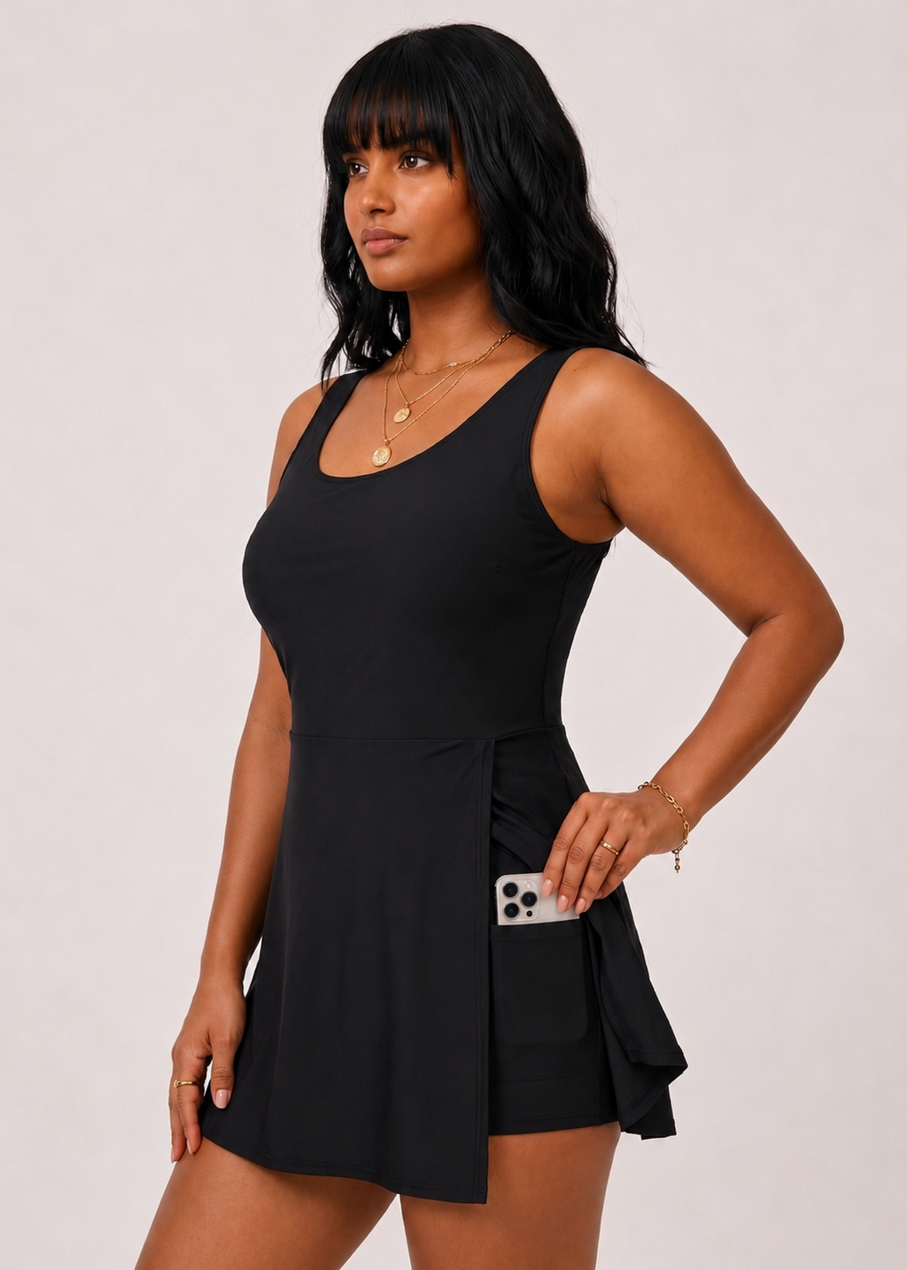 Pocket Swim Dress with Built-In Shorts - Black-Cheekkah