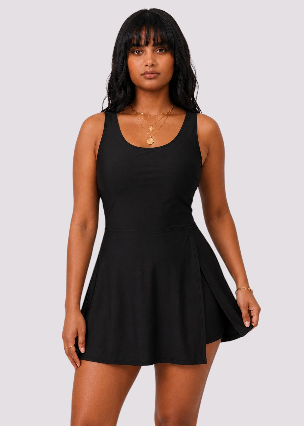 Pocket Swim Dress with Built-In Shorts - Black-Cheekkah