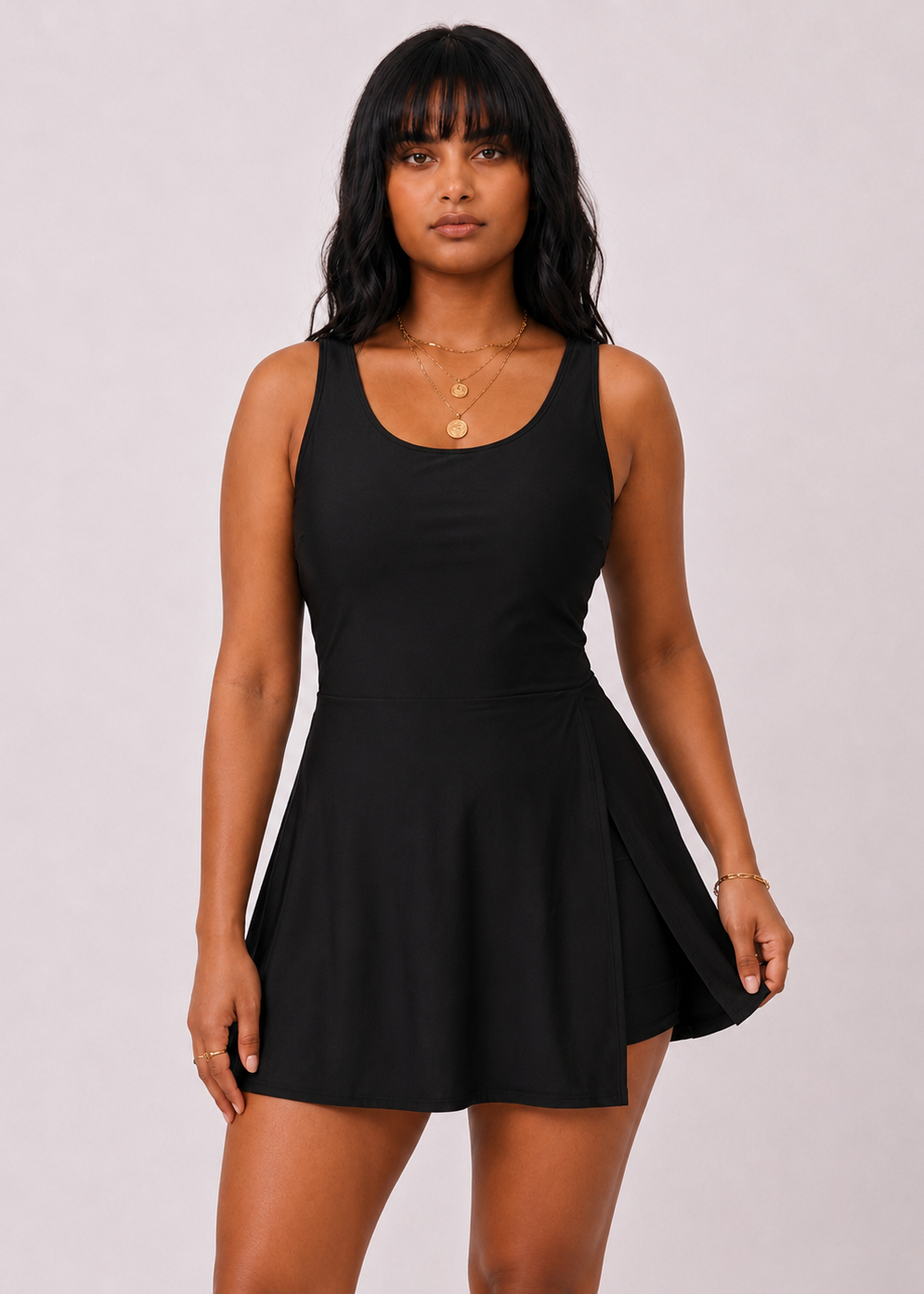 Pocket Swim Dress with Built-In Shorts - Black-Cheekkah