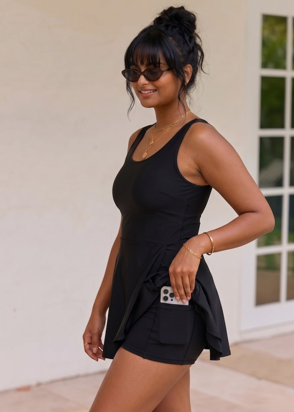Pocket Swim Dress with Built-In Shorts - Black-Cheekkah