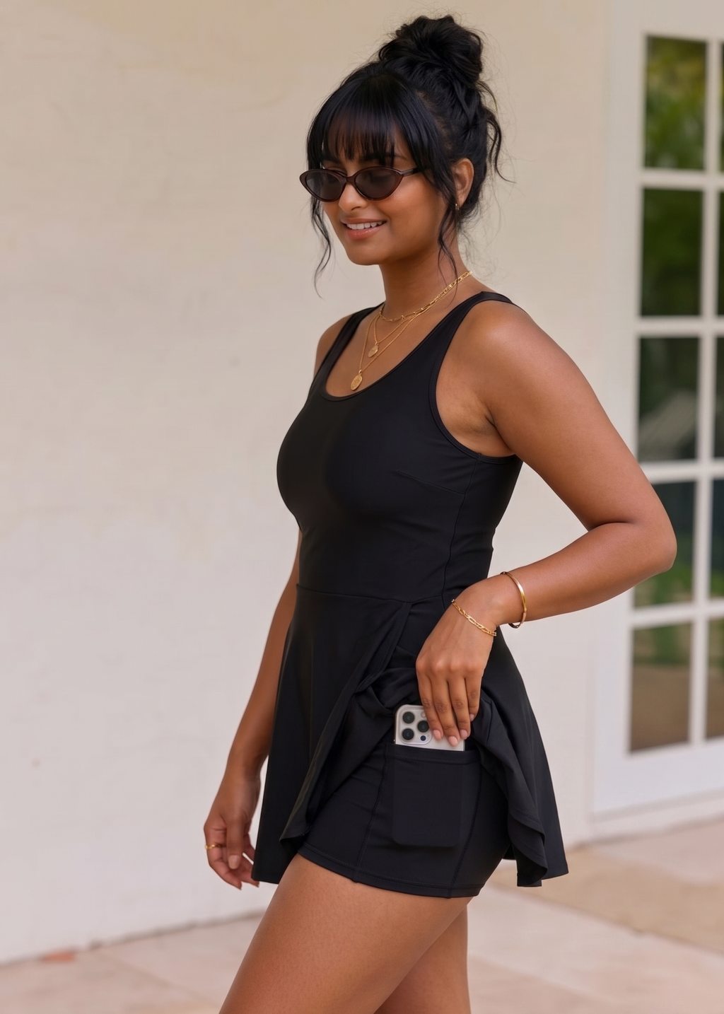 Pocket Swim Dress with Built-In Shorts - Black-Cheekkah