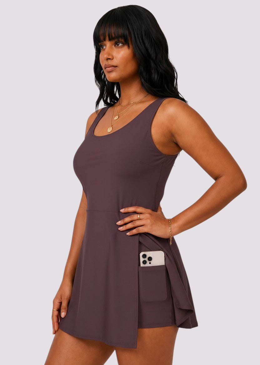 Pocket Swim Dress with Built-In Shorts - Brown