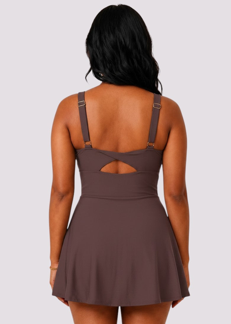 Pocket Swim Dress with Built-In Shorts - Brown
