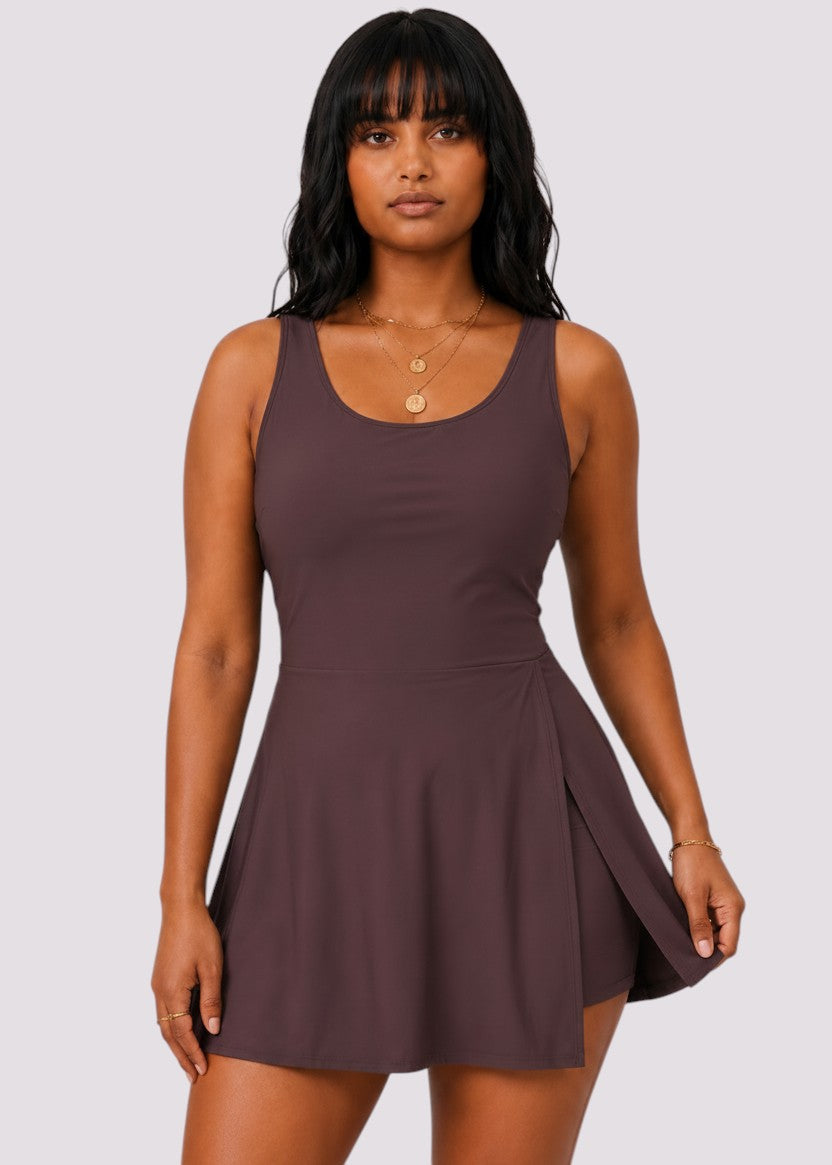 Pocket Swim Dress with Built-In Shorts - Brown