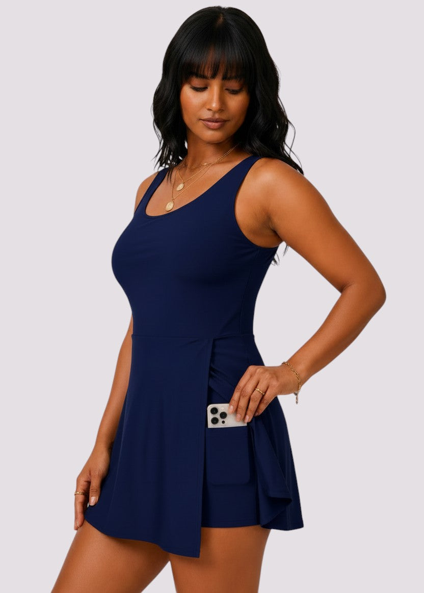 Pocket Swim Dress with Built-In Shorts - Navy