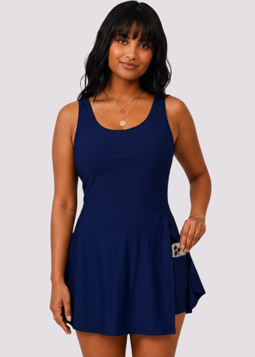 Pocket Swim Dress with Built-In Shorts - Navy