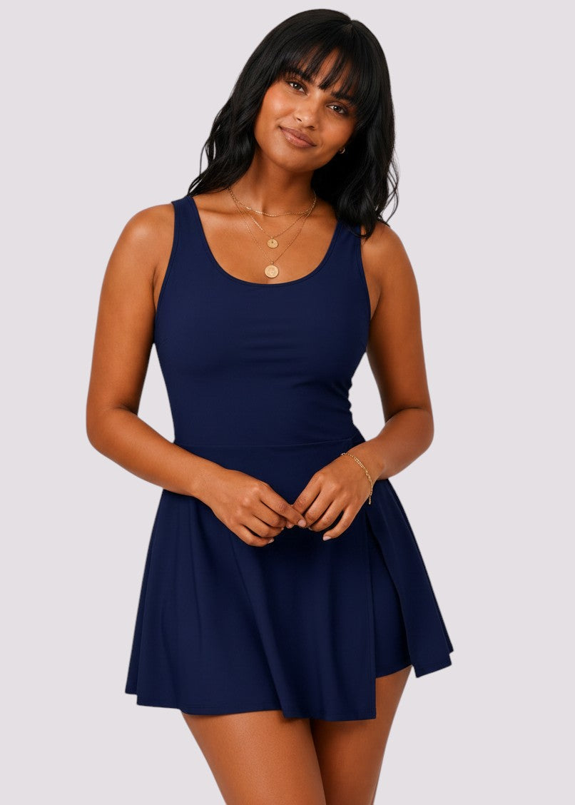 Pocket Swim Dress with Built-In Shorts - Navy