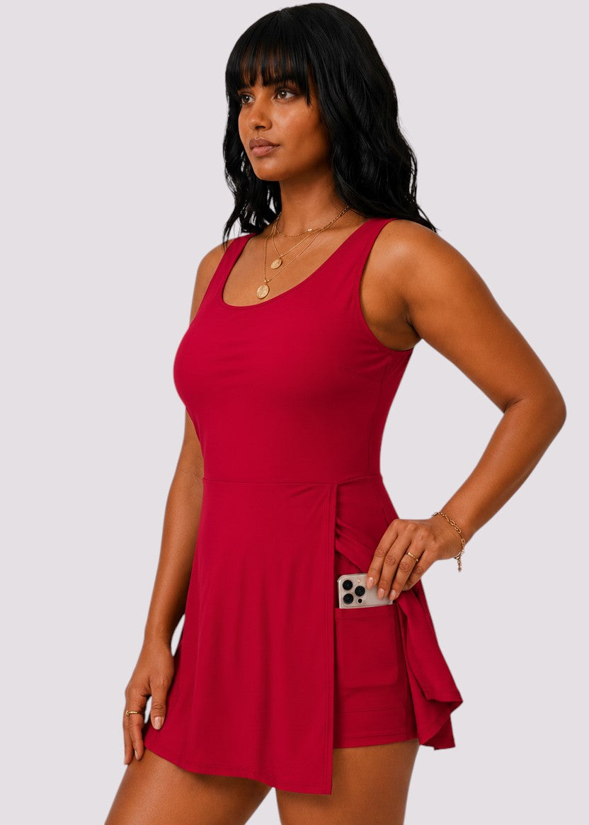 Pocket Swim Dress with Built-In Shorts - Red