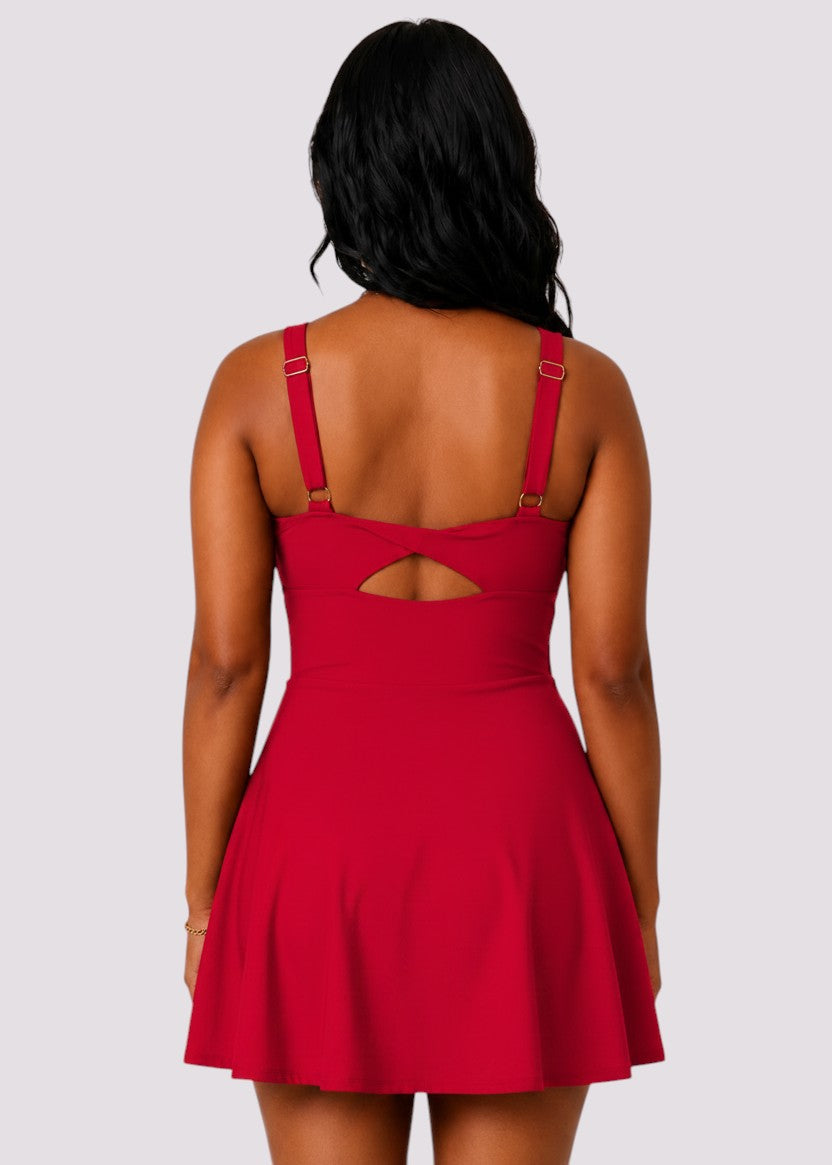 Pocket Swim Dress with Built-In Shorts - Red