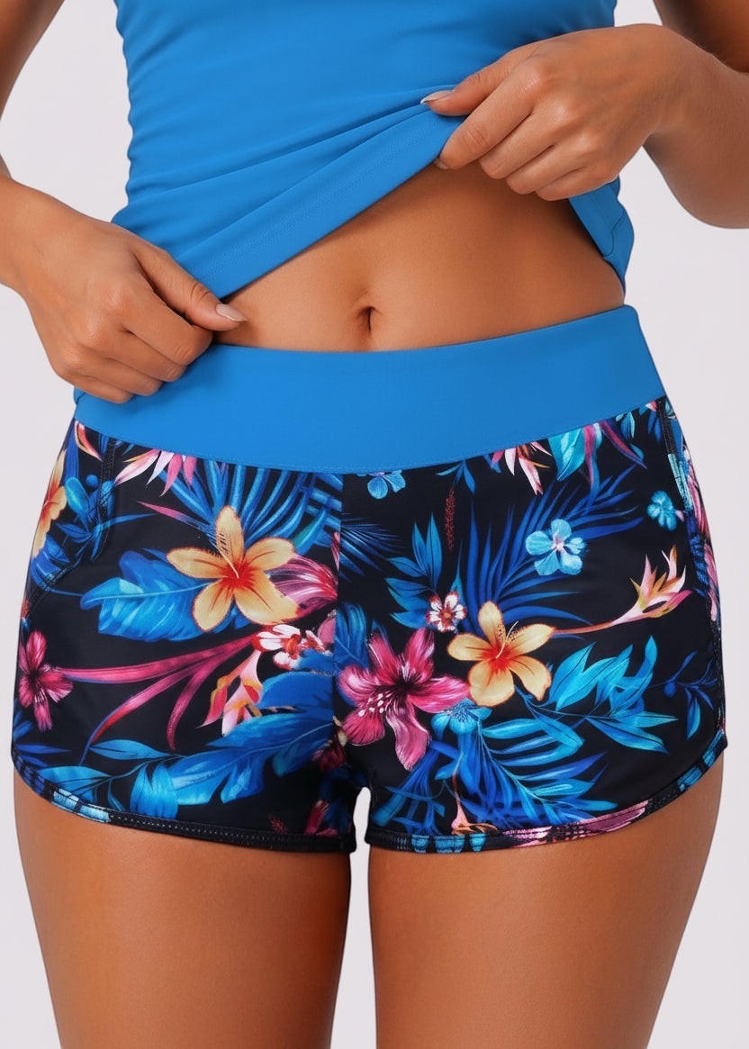Pocket Swim Shorts with Built-In Briefs - Blue Lagoon Bloom