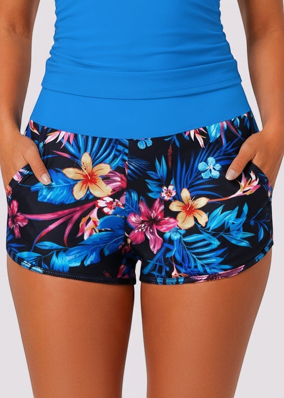 Pocket Swim Shorts with Built-In Briefs - Blue Lagoon Bloom