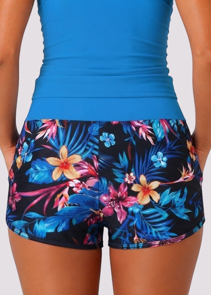 Pocket Swim Shorts with Built-In Briefs - Blue Lagoon Bloom