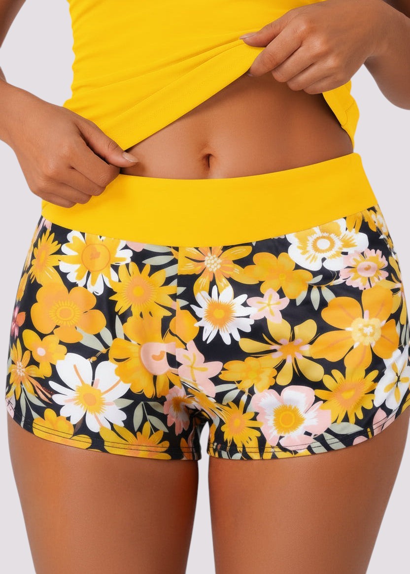 Pocket Swim Shorts with Built-In Briefs - Buttercup Bloom