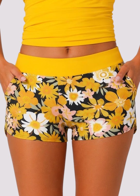 Pocket Swim Shorts with Built-In Briefs - Buttercup Bloom