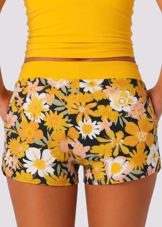 Pocket Swim Shorts with Built-In Briefs - Buttercup Bloom