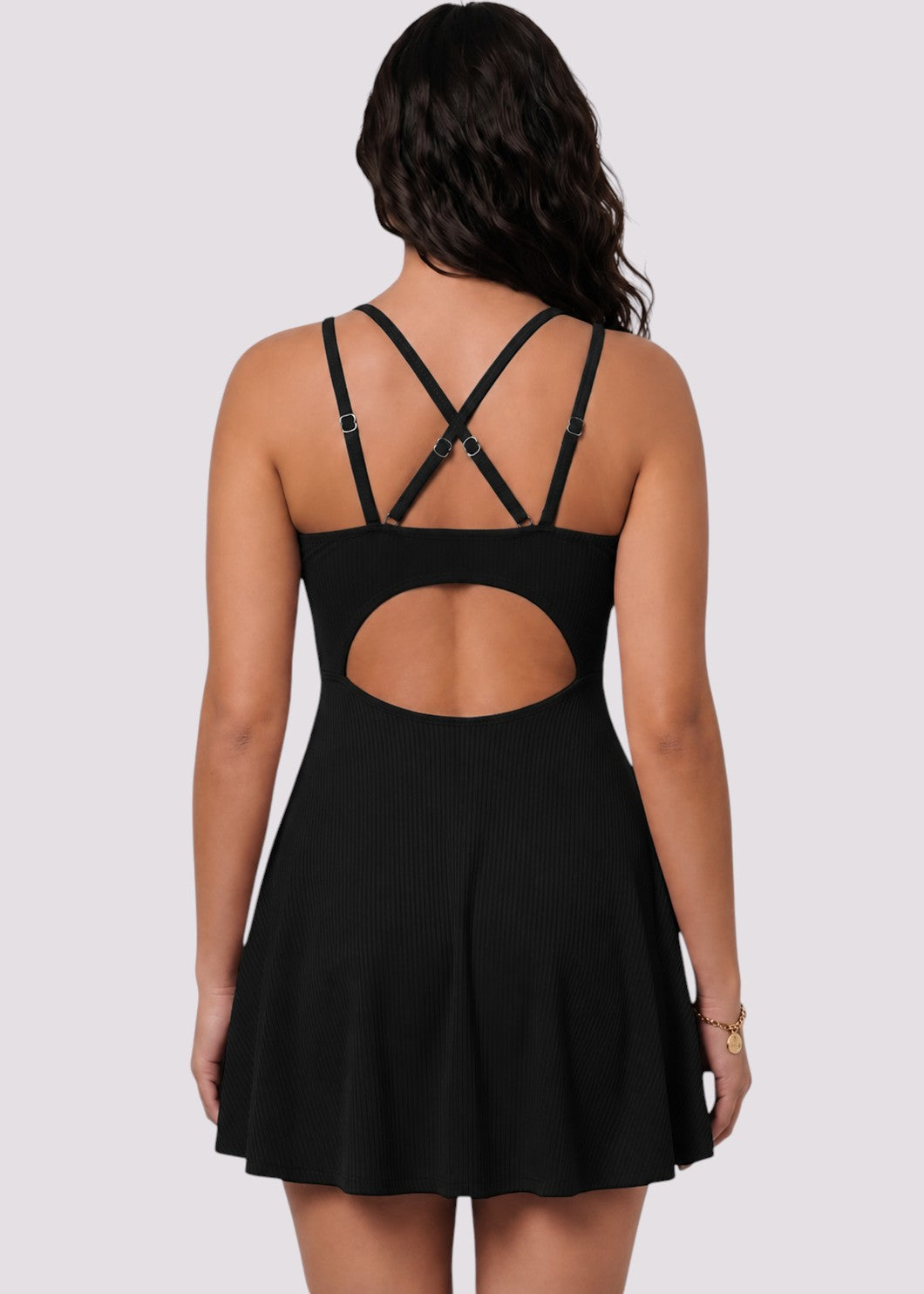 Ribbed A-Line Swim Dress with Adjustable Straps - Black-Cheekkah