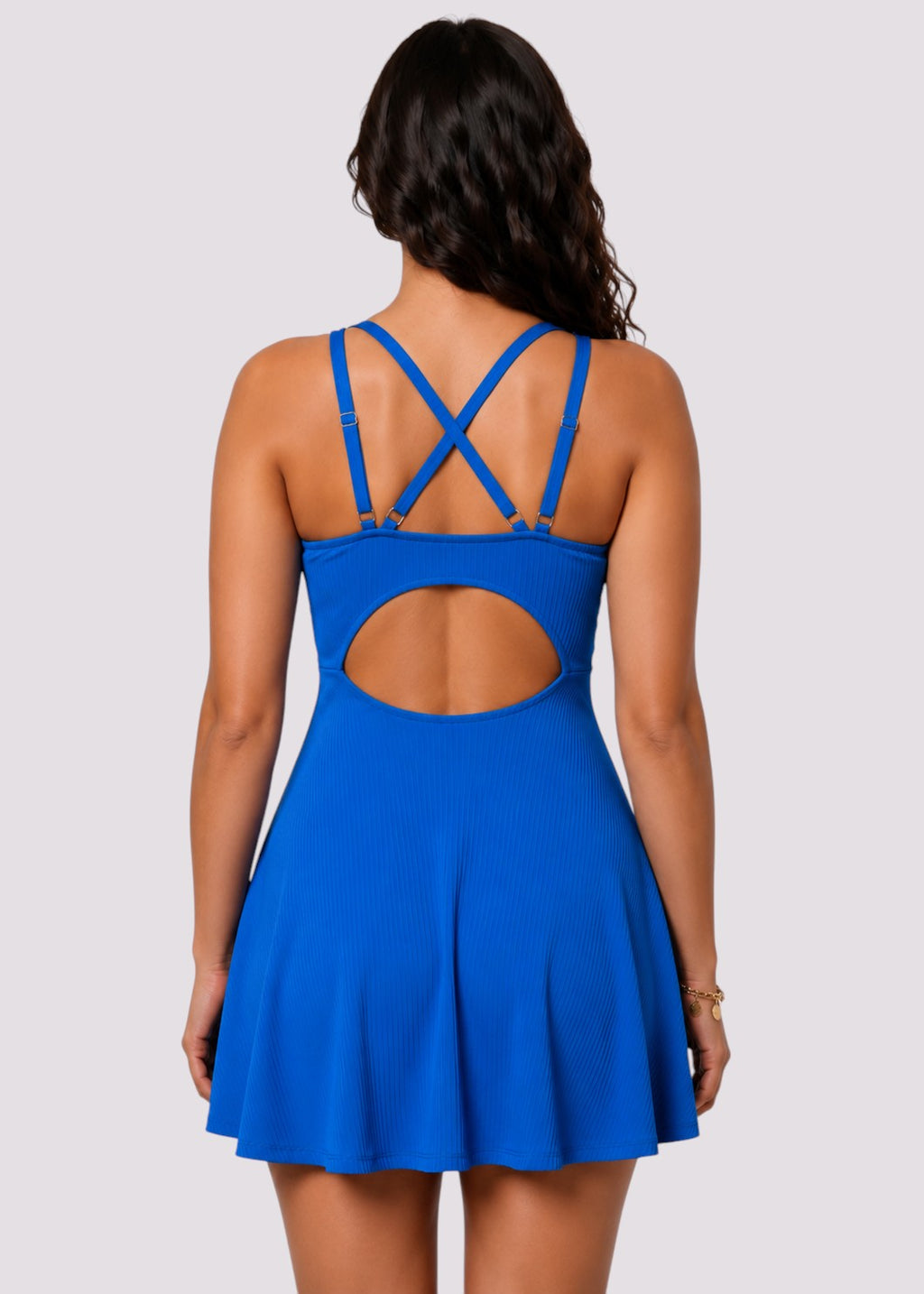 Ribbed A-Line Swim Dress with Adjustable Straps - Blue-Cheekkah