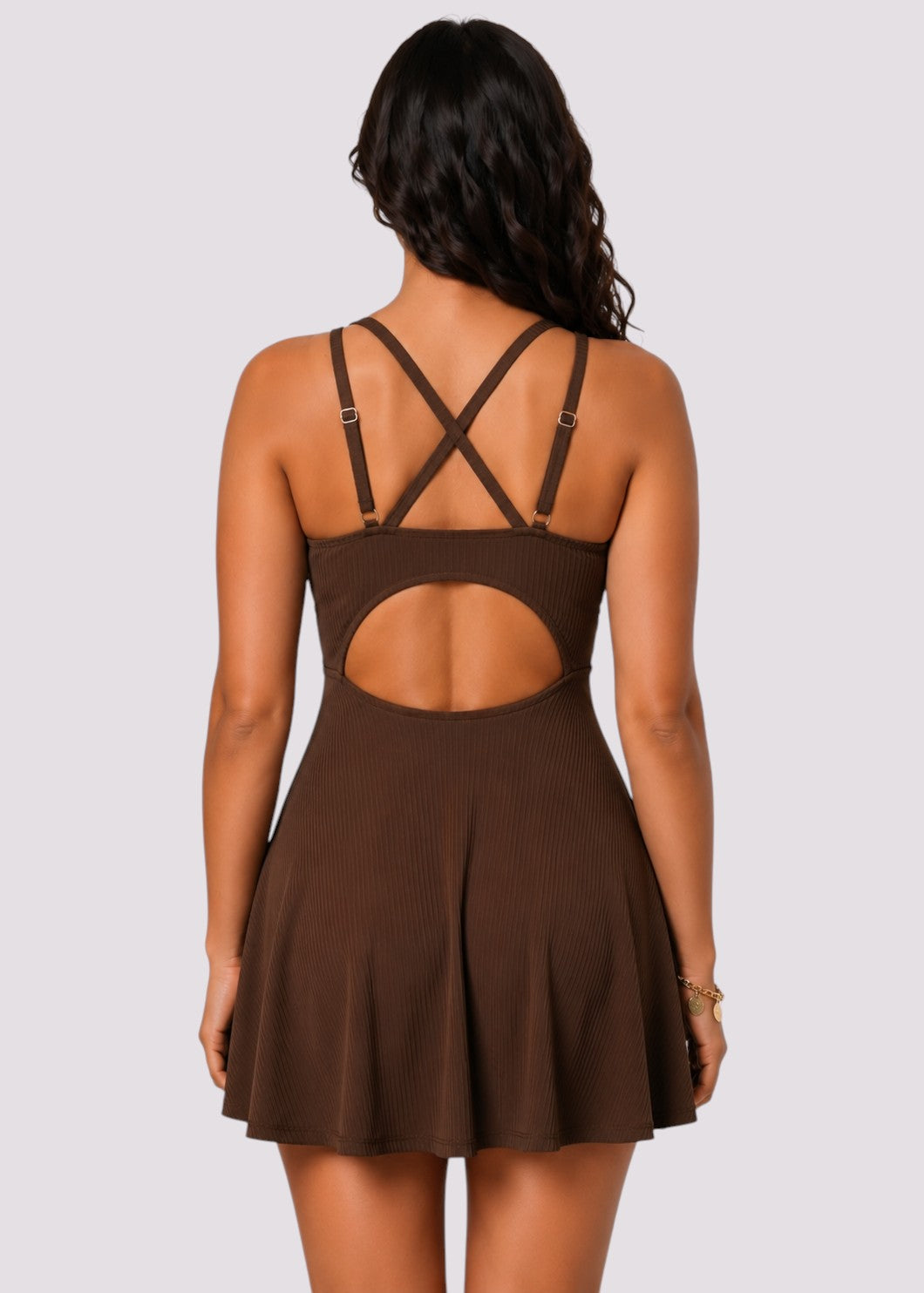 Ribbed A-Line Swim Dress with Adjustable Straps - Brown-Cheekkah