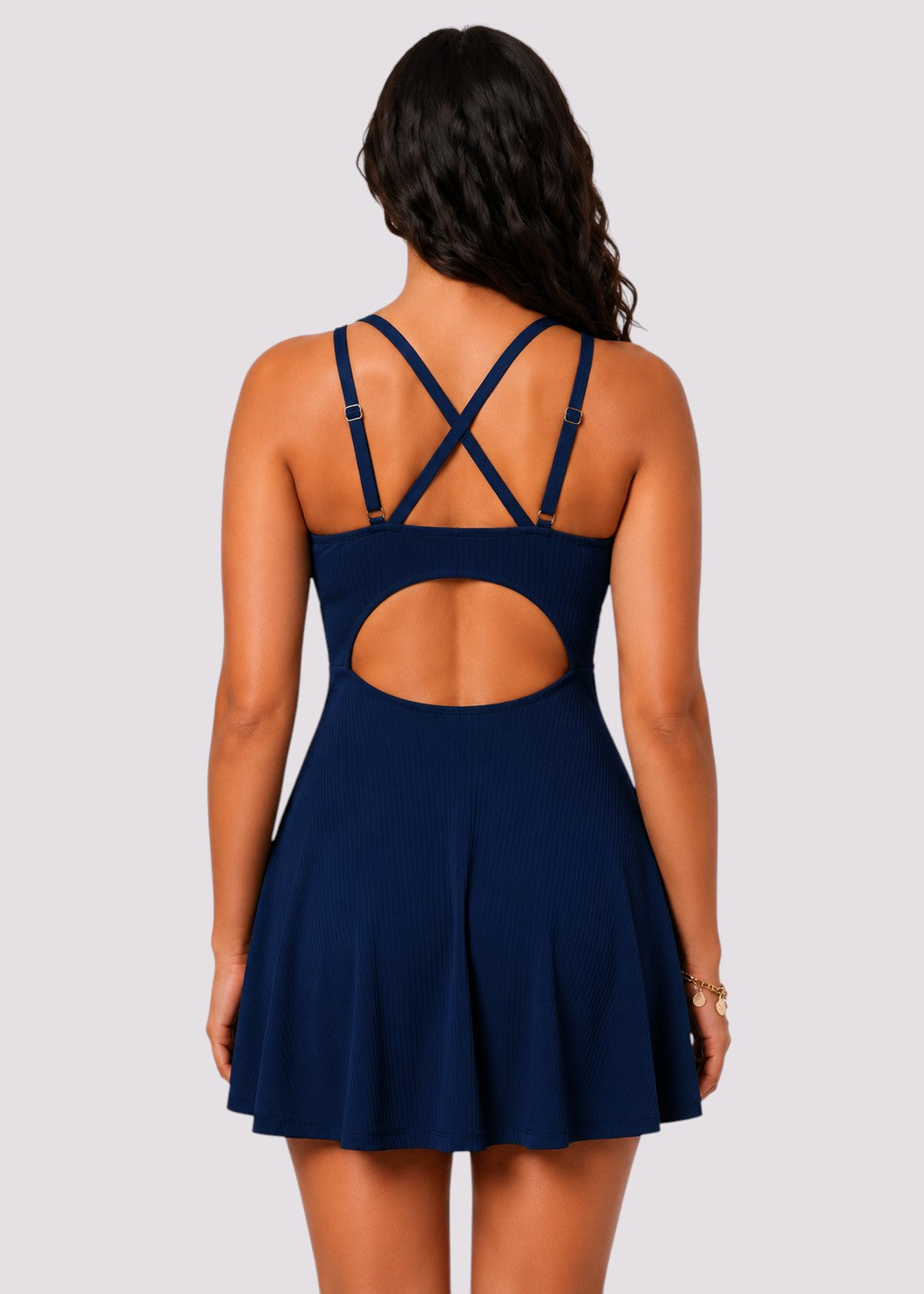 Ribbed A-Line Swim Dress with Adjustable Straps - Navy-Cheekkah