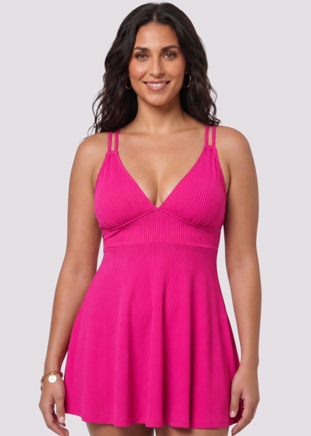 Ribbed A-Line Swim Dress with Adjustable Straps - Pink-Cheekkah
