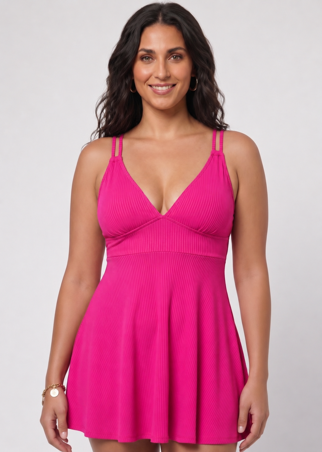 Ribbed A-Line Swim Dress with Adjustable Straps - Pink-Cheekkah