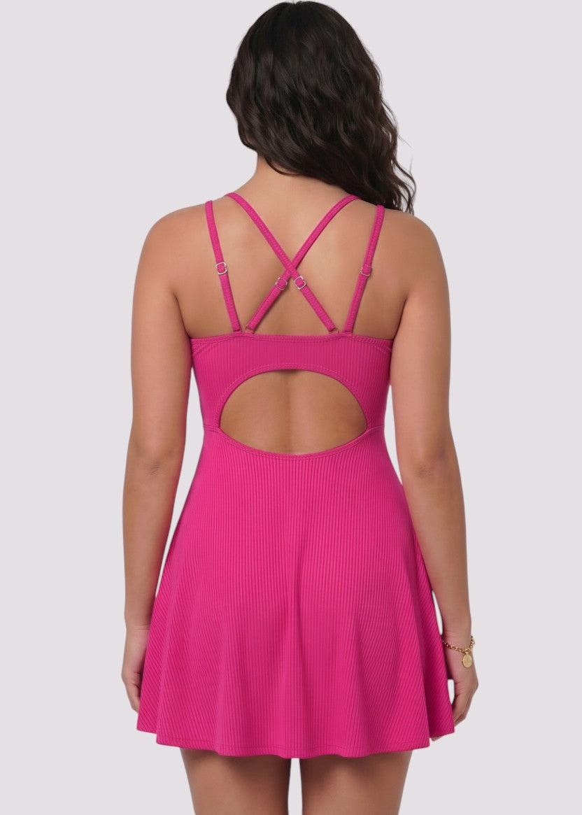 Ribbed A-Line Swim Dress with Adjustable Straps - Pink-Cheekkah