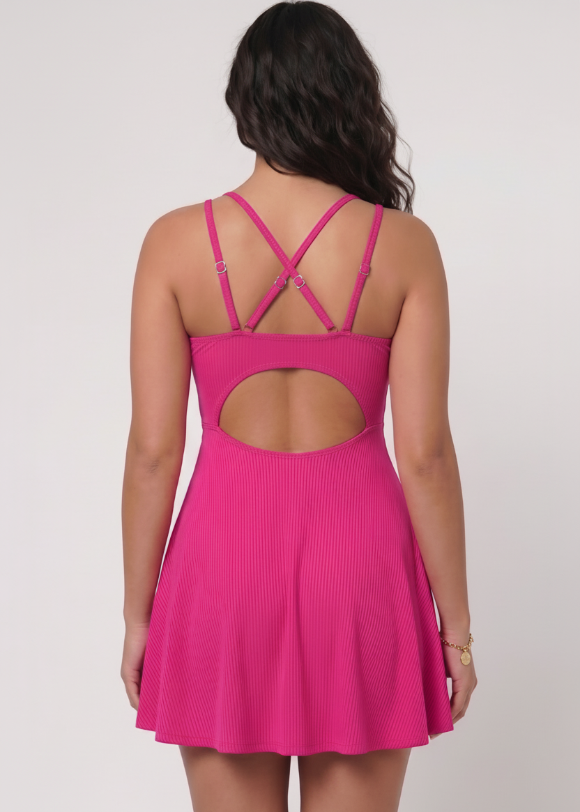 Ribbed A-Line Swim Dress with Adjustable Straps - Pink-Cheekkah