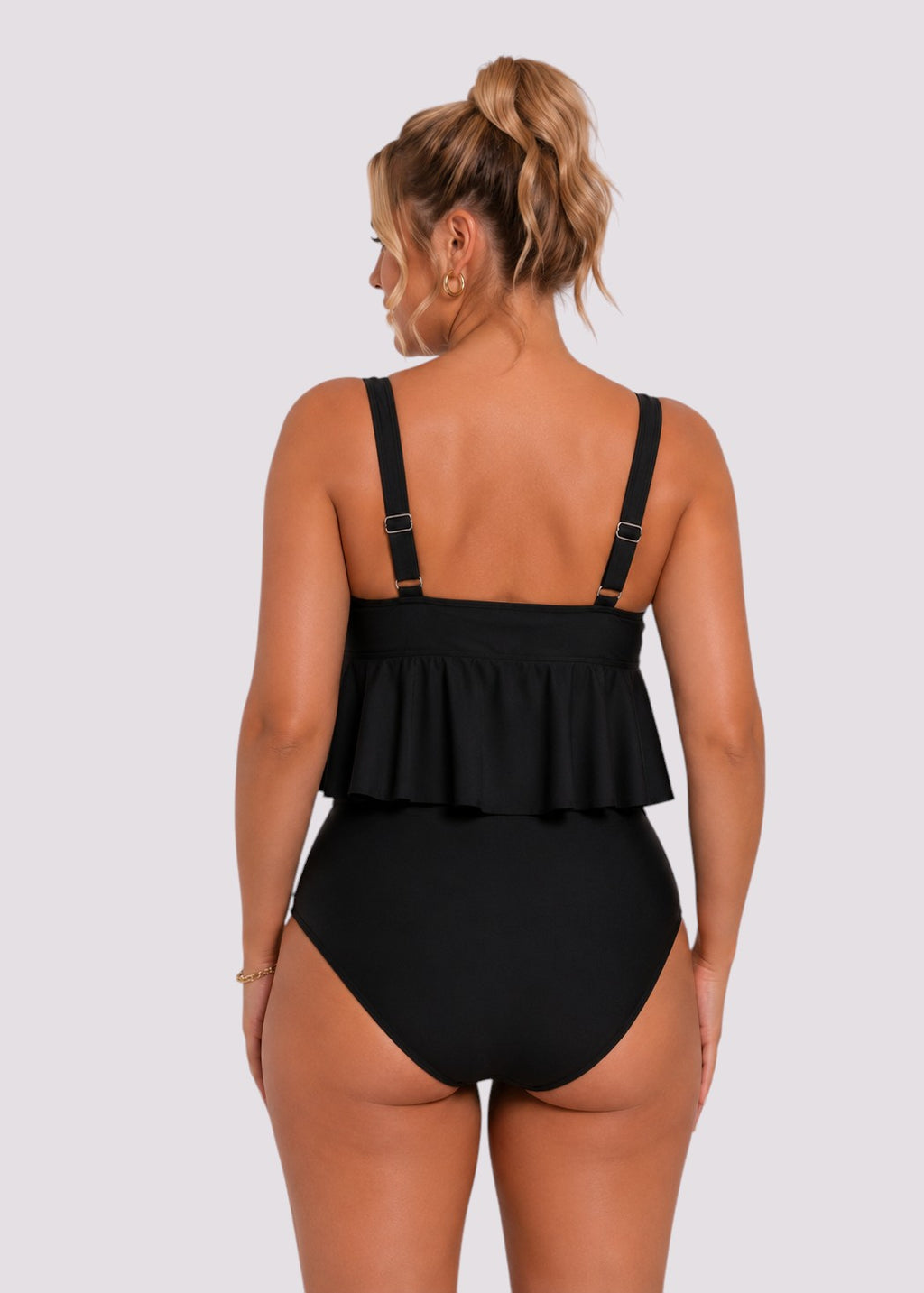 Ruffle Hem High Waisted Bikini Set - Black-Cheekkah