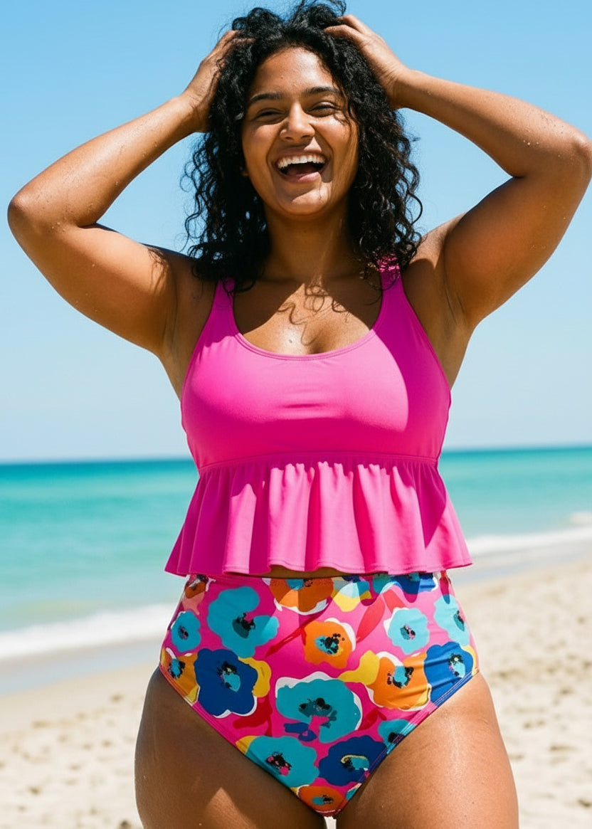 Ruffle Hem High Waisted Bikini Set - Paradise Poppy Pink