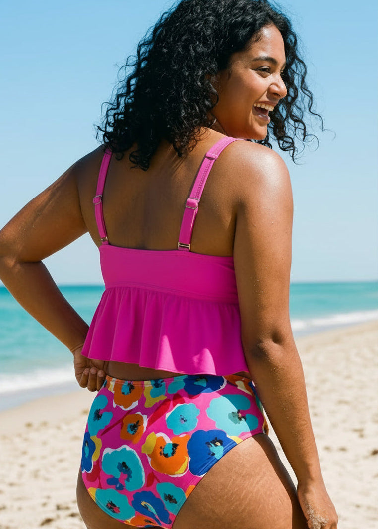 Ruffle Hem High Waisted Bikini Set - Paradise Poppy Pink