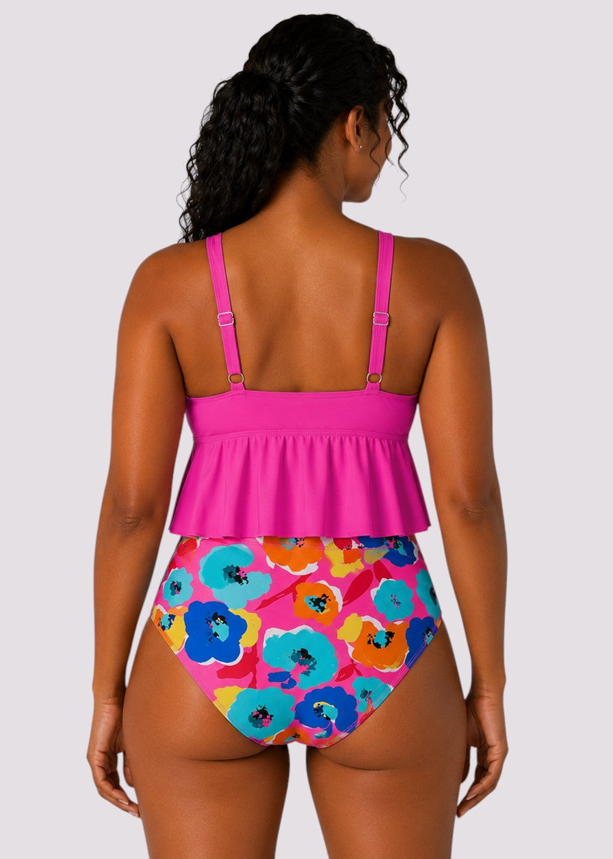 Ruffle Hem High Waisted Bikini Set - Paradise Poppy Pink