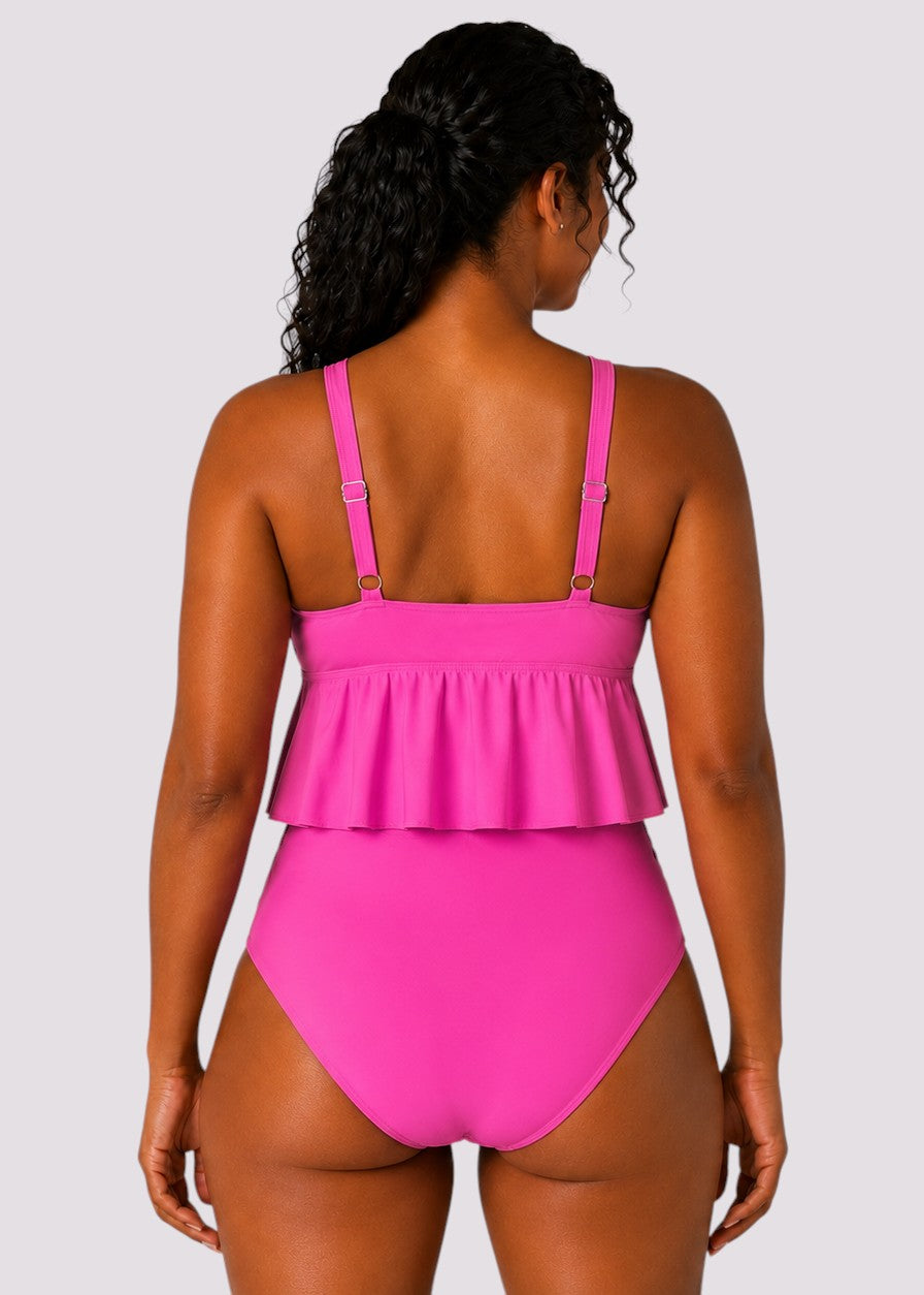 Ruffle Hem High Waisted Bikini Set - Pink-Cheekkah