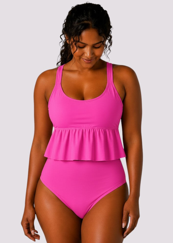 Ruffle Hem High Waisted Bikini Set - Pink-Cheekkah