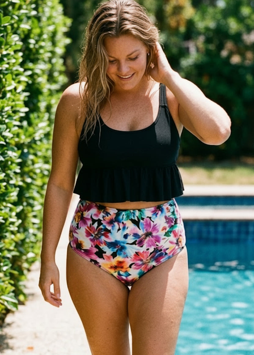 Ruffle Hem High Waisted Bikini Set - Wild Watercolour Black-Cheekkah