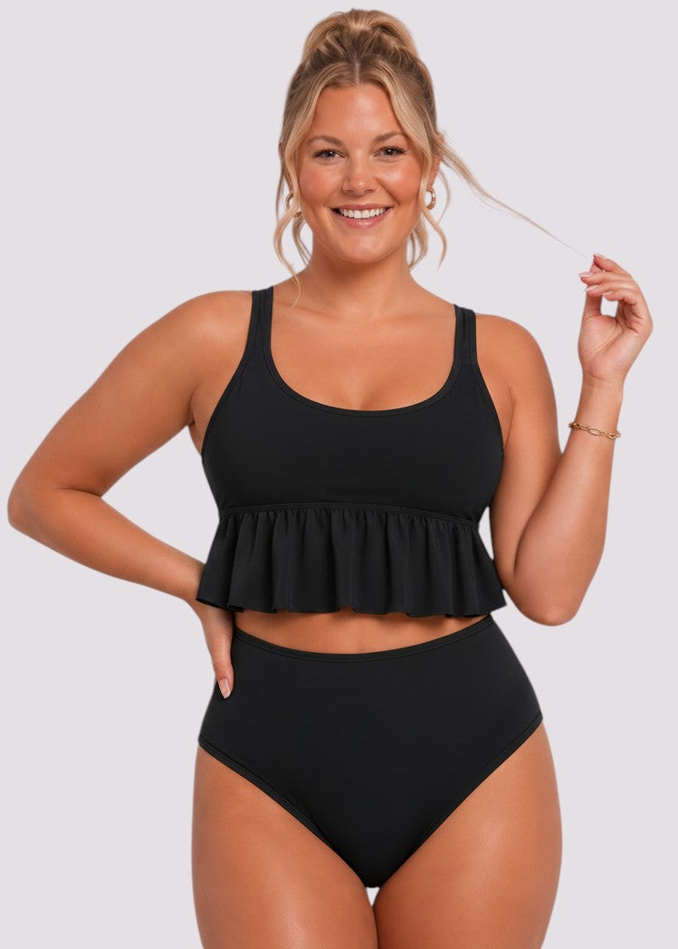 Ruffle Hem High Waisted Bikini Set - Black-Cheekkah