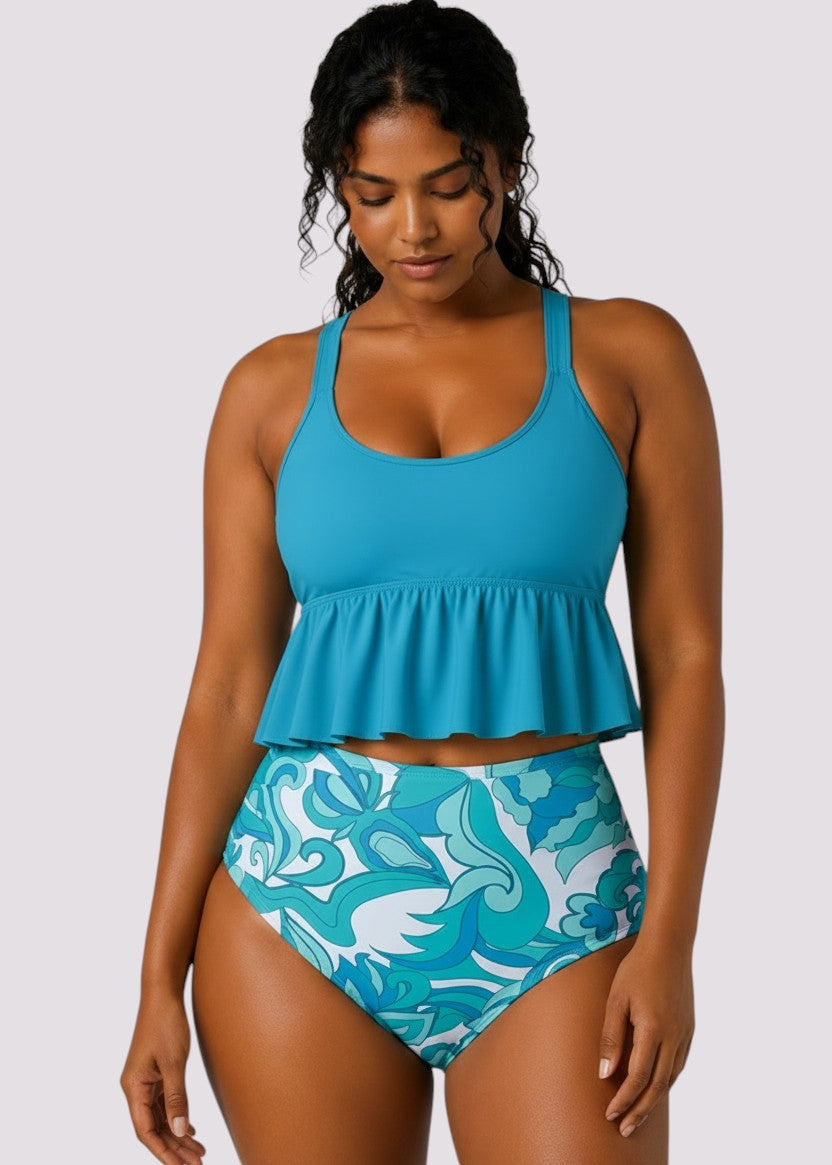 Ruffle Hem High Waisted Bikini Set - Coastal Current Aqua-Cheekkah