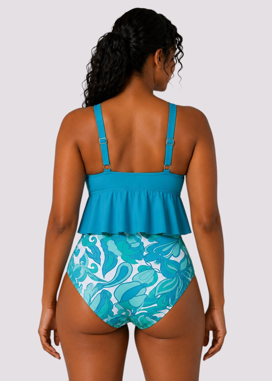 Ruffle Hem High Waisted Bikini Set - Coastal Current Aqua