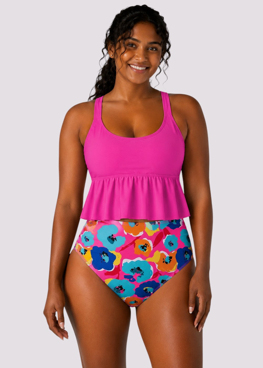 Ruffle Hem High Waisted Bikini Set - Paradise Poppy Pink-Cheekkah