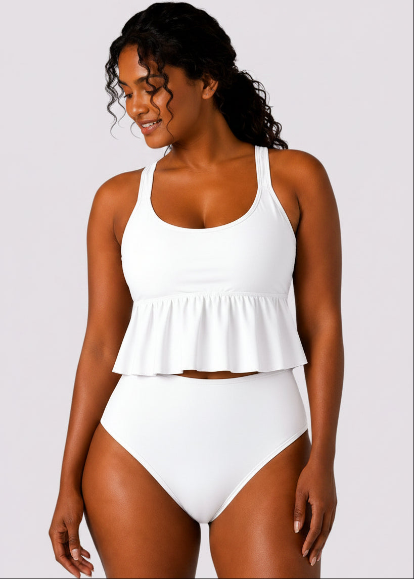 Ruffle Hem High Waisted Bikini Set - White-Cheekkah