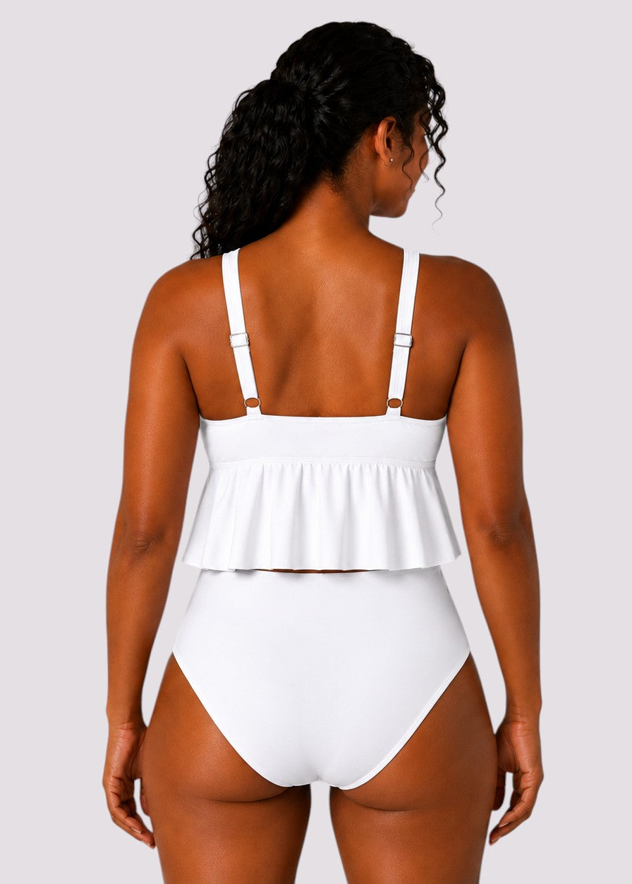 Ruffle Hem High Waisted Bikini Set - White-Cheekkah
