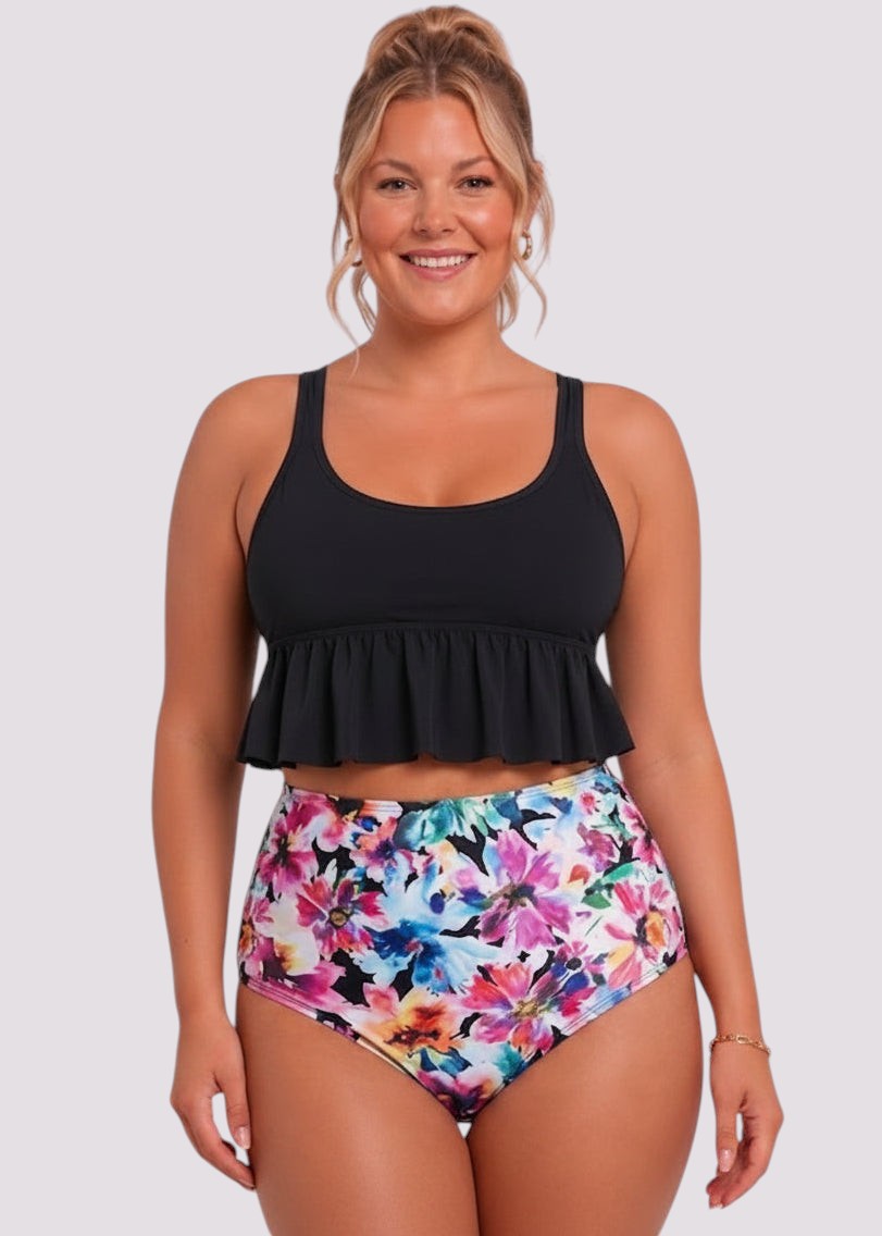 Ruffle Hem High Waisted Bikini Set - Wild Watercolour Black-Cheekkah