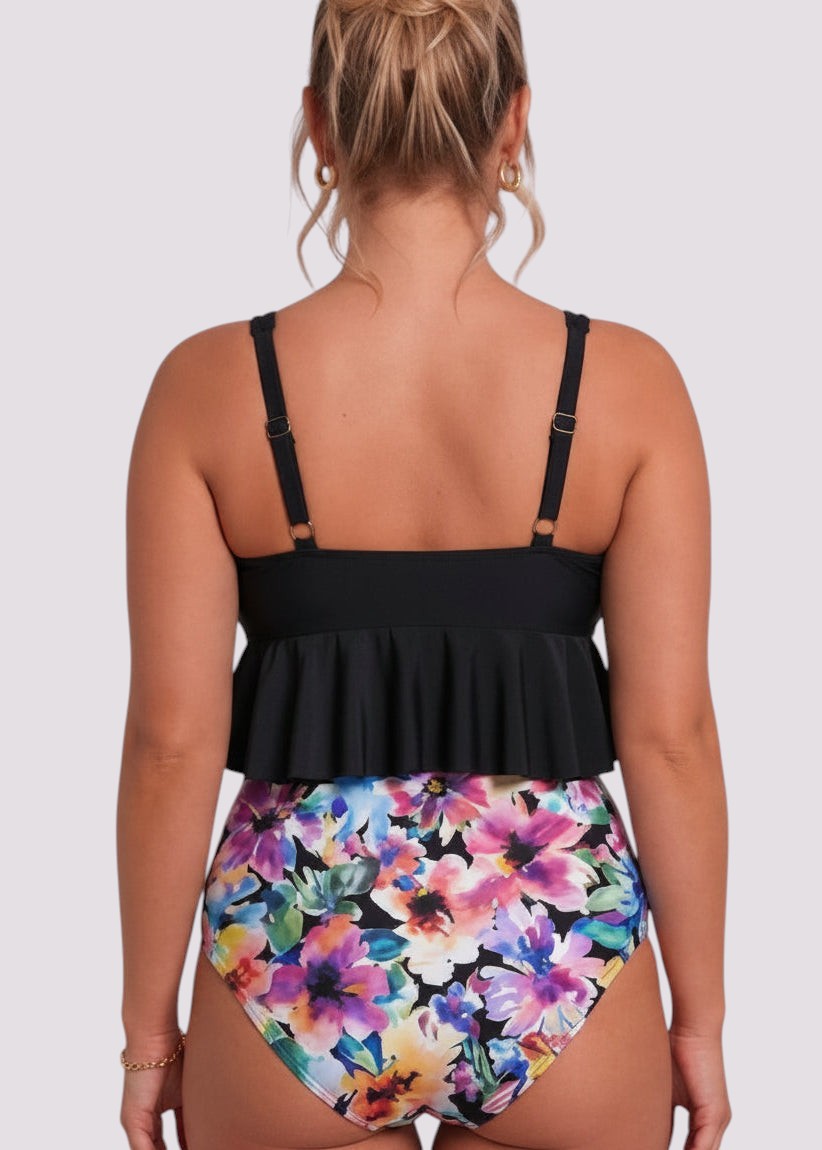 Ruffle Hem High Waisted Bikini Set - Wild Watercolour Black-Cheekkah