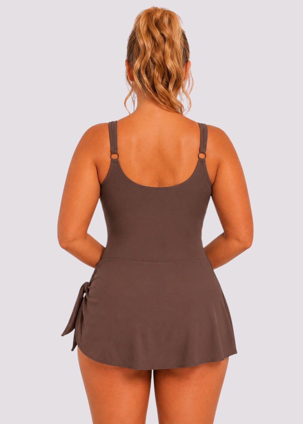 Simple Scoop Neck Side Slit Swim Dress - Brown-Cheekkah